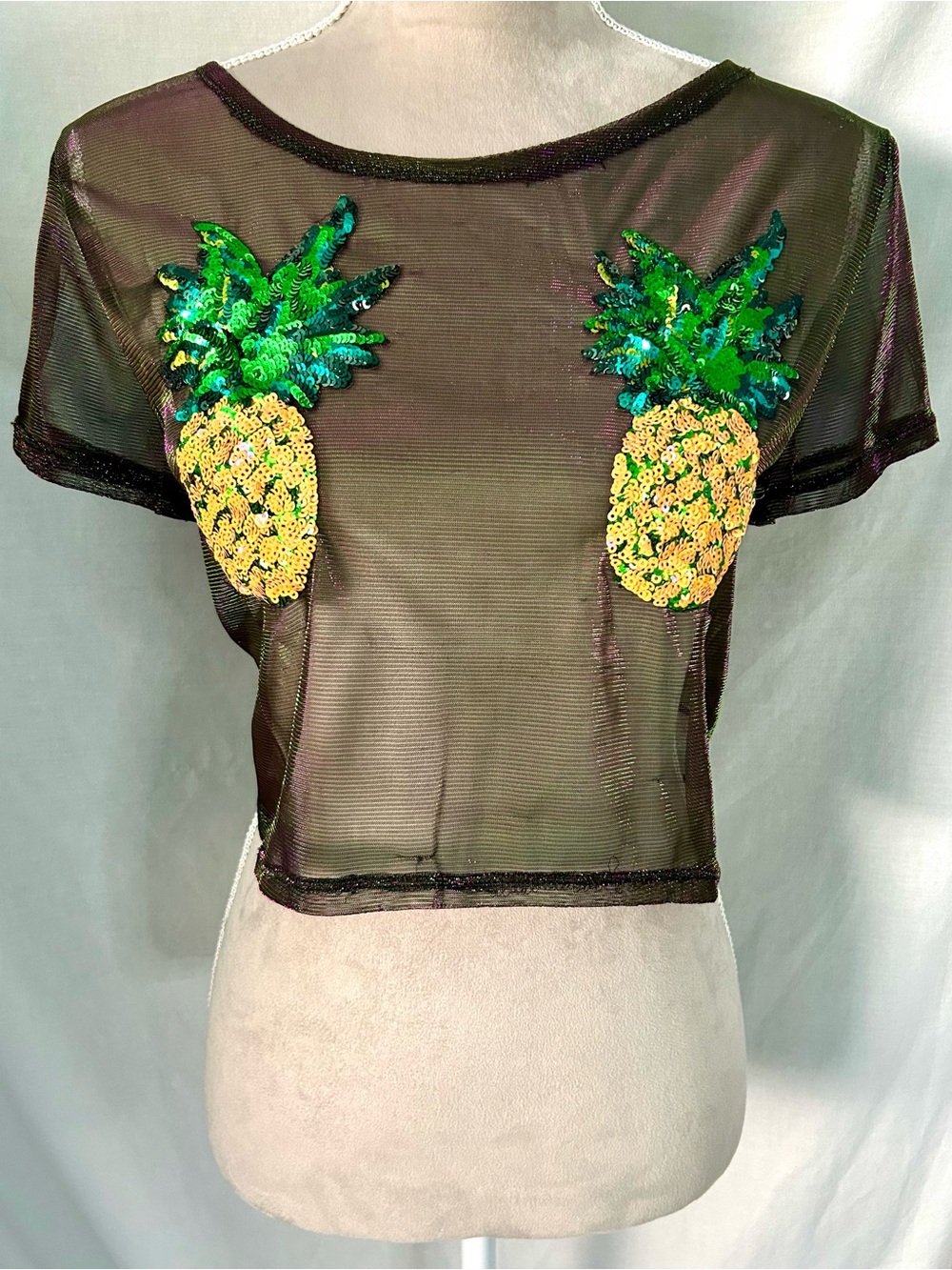 Wild Cat Green, Yellow Sequin Pineapple Iridescent Sheer Novelty Top, Size L